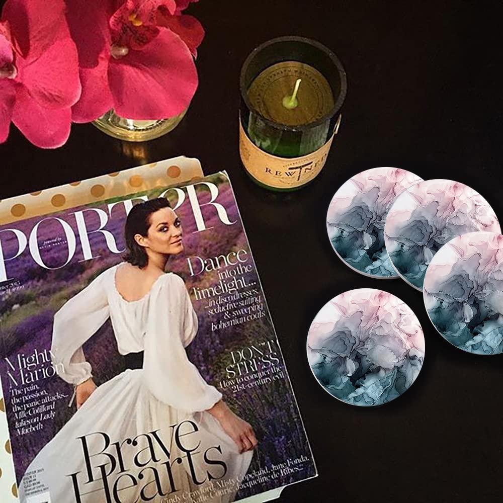 HAOCOO Stylish Ceramic Coasters with Marble Pattern and Cork Backing, Round, Set of 4, for Mugs and Tea Pads, Insulation, Better Than Diatomaceous