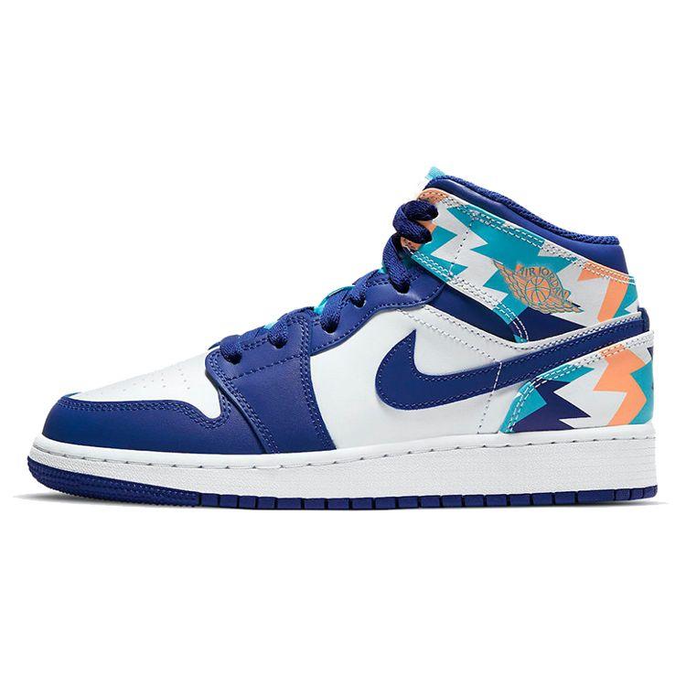 Air Jordan 1 Mid GS Geometric Pint Kids Sneakers Blue White Concord 555112-105