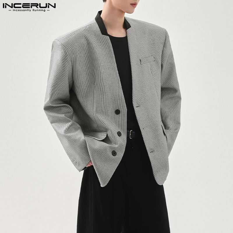 INCERUN Oversized Men V Neck Long Sleeve Plaid Print Casual Loose Thin Blazer Coats