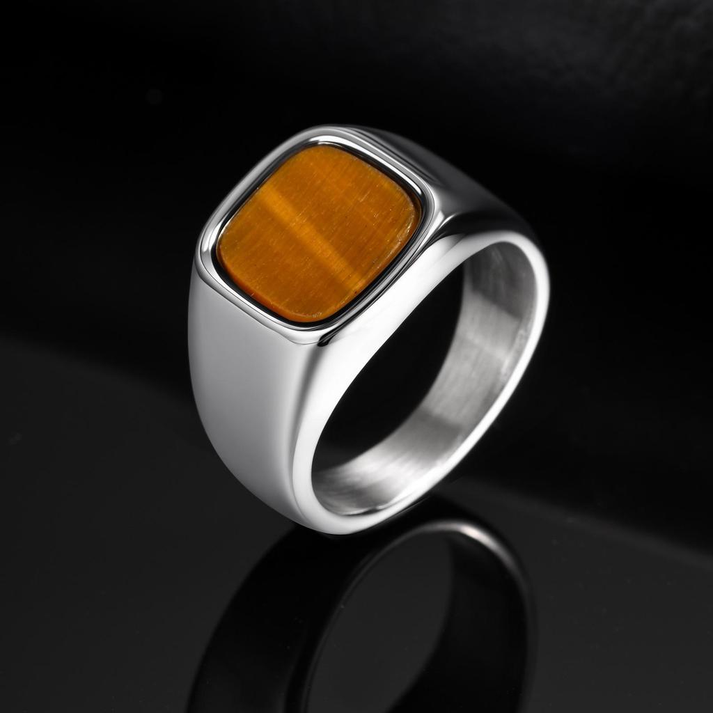 Квадратное кольцо из нержавеющей стали с тигровым глазом и металлическим блеском - Модный аксессуар для указательного пальца RC-620