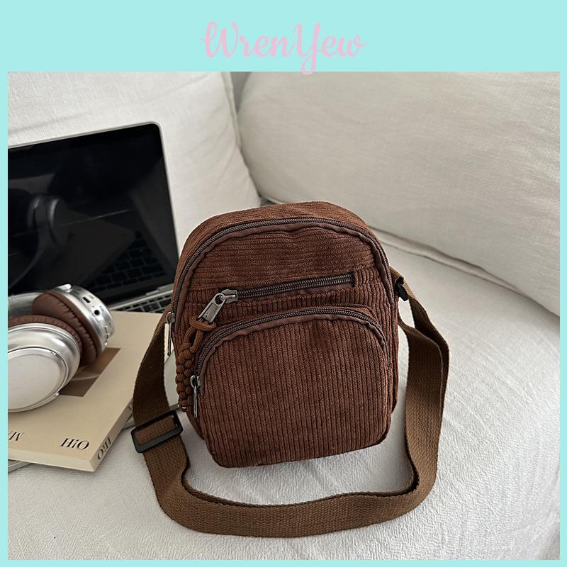Small Female Corduroy Shoulder Bag With Interior Phone Pocket For Casual Outings