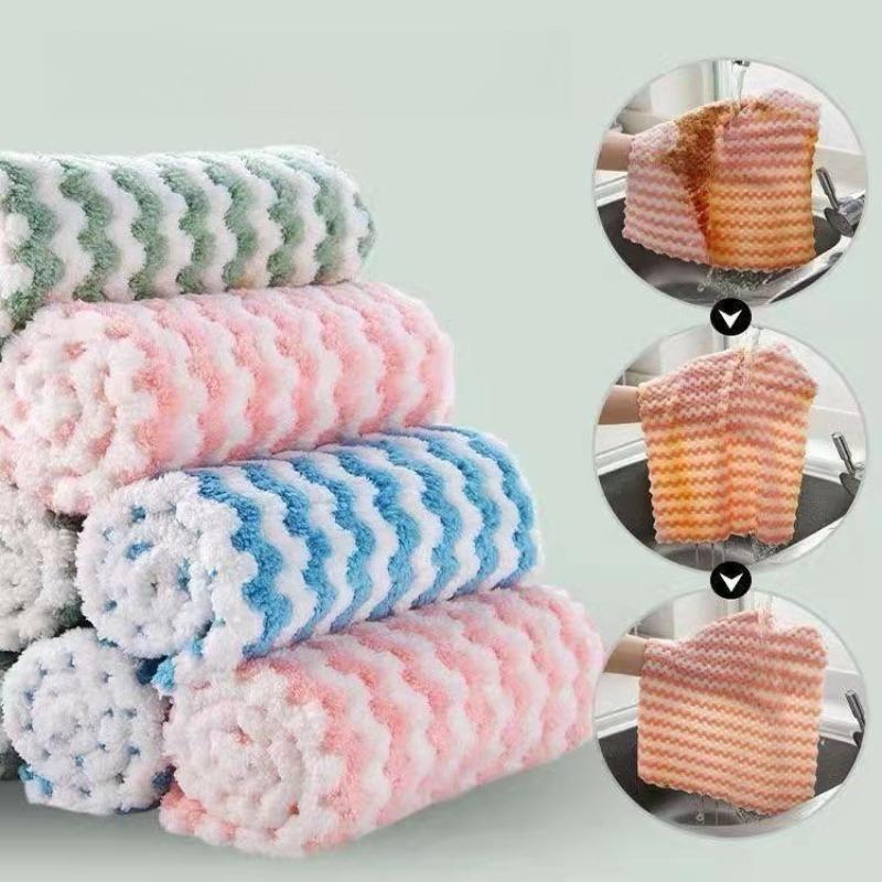 Thickened Coral Fleece Cloth Wave Striped Cleaning Cloth Home Kitchen Cleaning Supplies Absorbent Cloths Dishwashing Cloths
