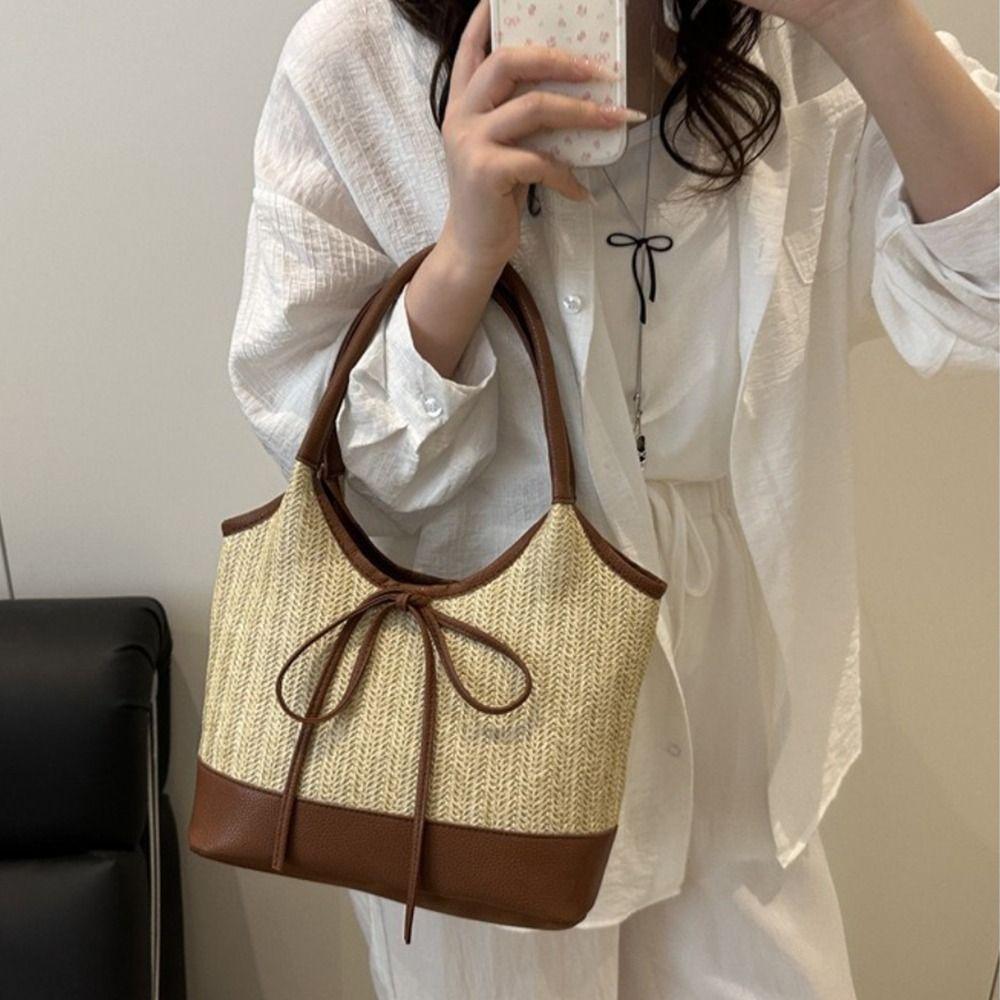 Elegant Straw Shoulder Bag Bow Tie Women's Handbag Trendy Weaving Tote Bag Lady