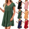 Womens  Summer Casual Solid  Cap Sleeve V Neck Tiered Ruffle Swing A Line Dresses With Pockets