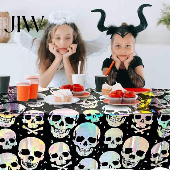 Holiday Wall Decor Halloween Skull Foil Fringe Curtain, Iridescent Disposable Tablecloth, Theme Decoration Table Cover Tinsel Backdrop for Party