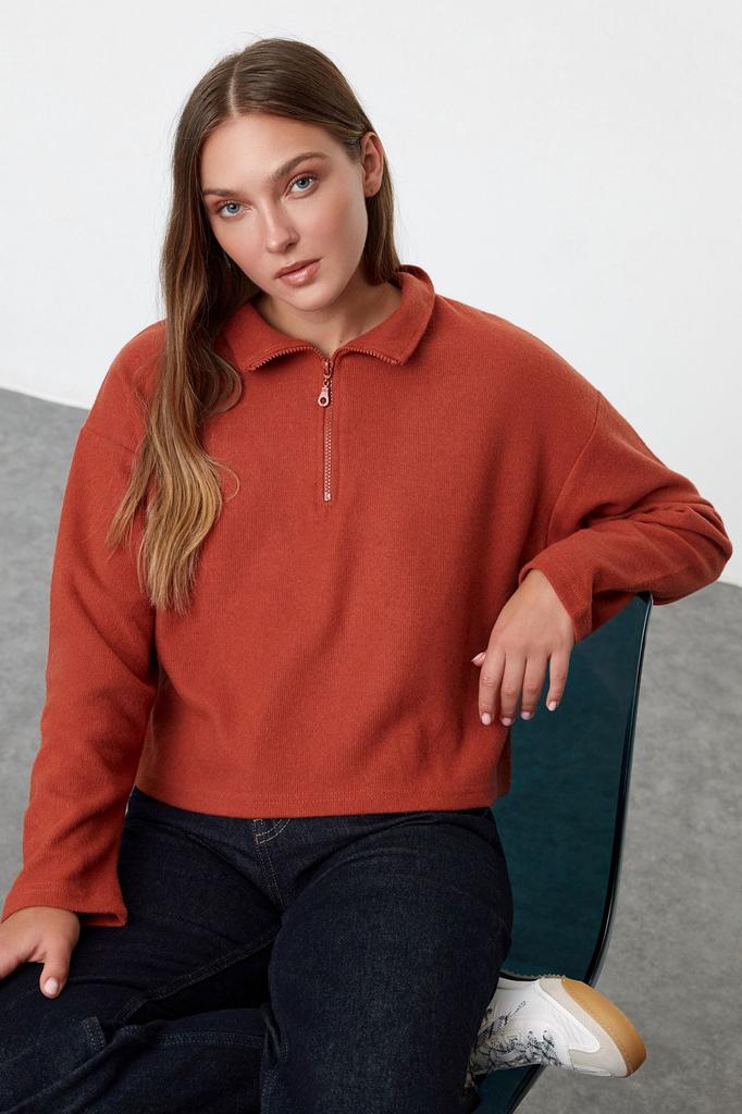 Women's Fashionable Stylish Sweatshirt Black Thessaloniki Knitwear Look Zipper Collar Regular Normal Fit Knitted Sweatshirt