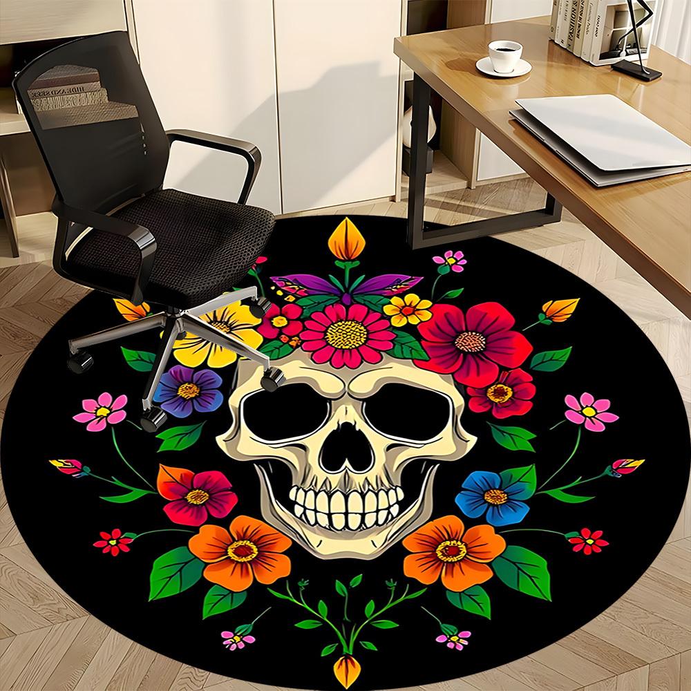 1PC Day of the Dead Skull Office Round Rug, Non slip, Soft and Durable Office Rug for Interior Decoration, Perfect for Office