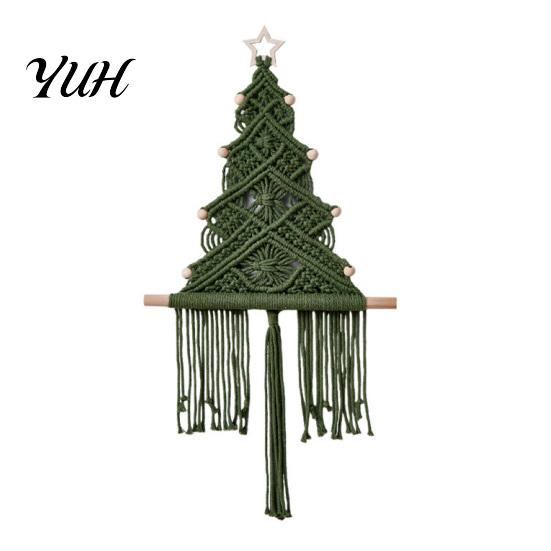 Nursery Room Wall Ornament Hand?Woven Christmas Tree Hanging, Boho Tapestry with Wooden Beads & Gift for Holiday Star, Xmas Art Decor Home Farmhouse