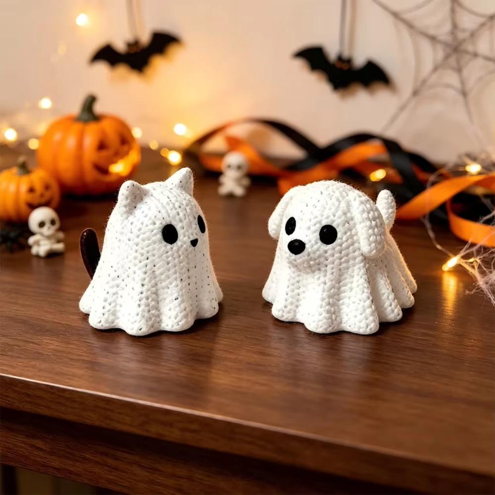 Mini Ghost Cat Dog Desktop Ornaments Knitted Texture Ghost Cat Dog Statue Study