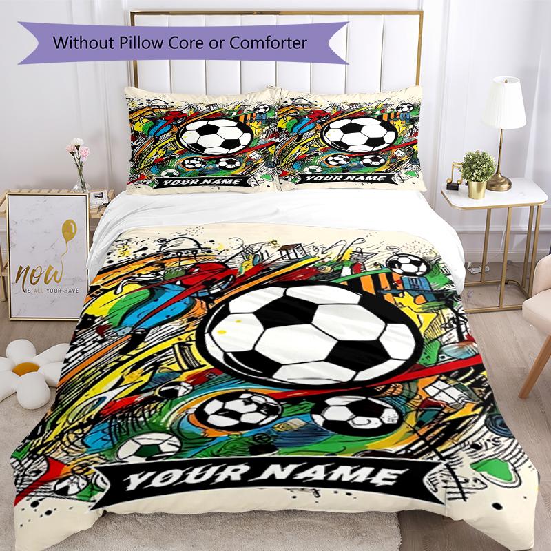 3PC Custom Name Soccer Art Bedding Set Duvet Cover Closure Includes 1 Duvet Cover & 2 Pillowcases for Bedroom