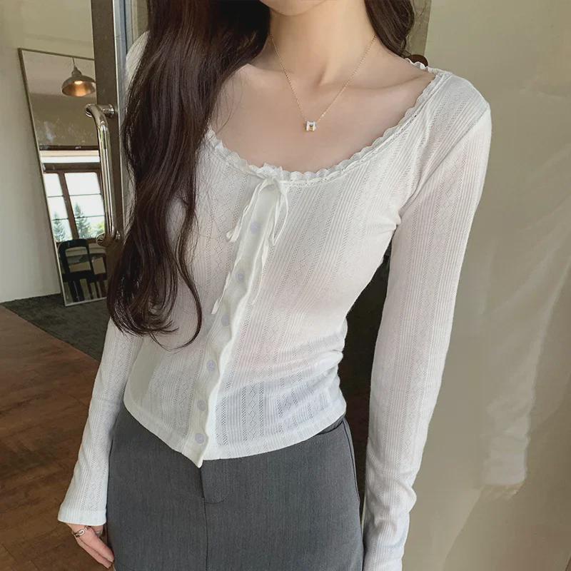 Футболка-кардиган с длинным рукавом и французским кружевом - женская весенняя коллекция