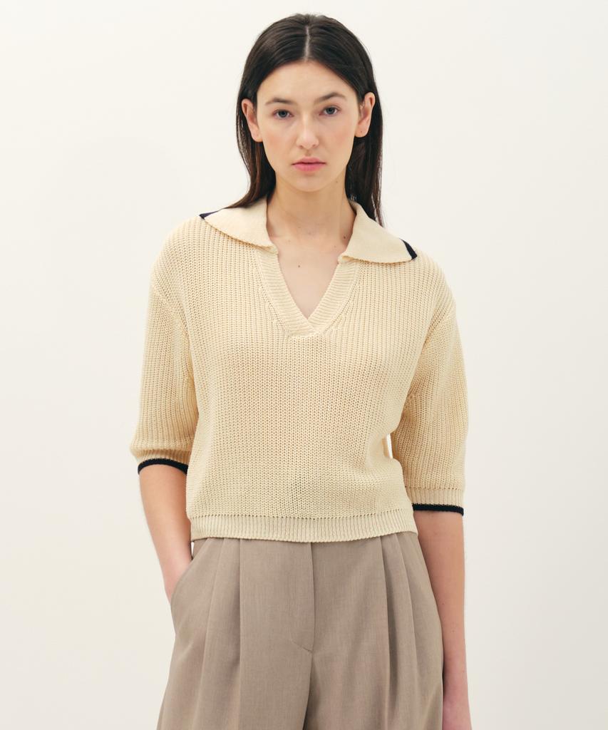 JUN BY JUN K V-Neck Collared Cotton Knit Top_Cream