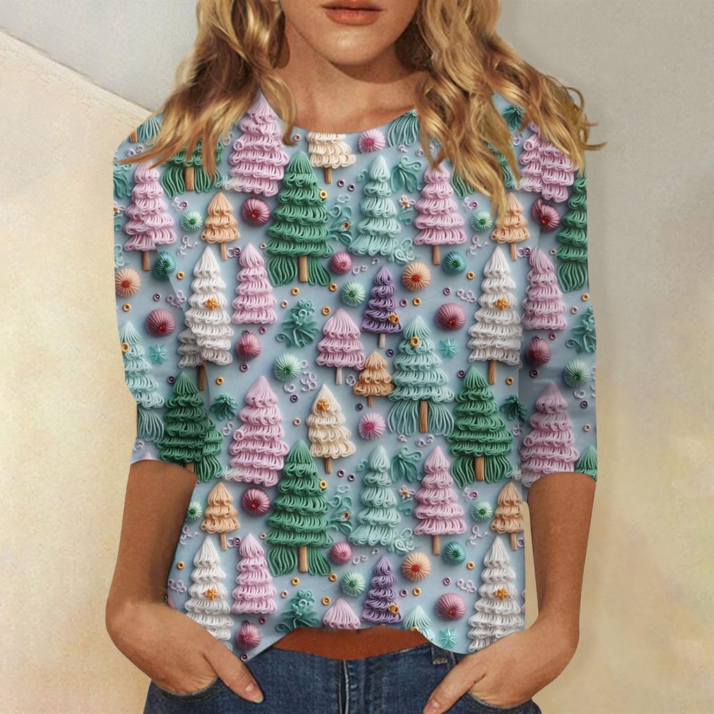 Женская модная повседневная футболка с рукавом три четверти и рождественским принтом, с круглым вырезом