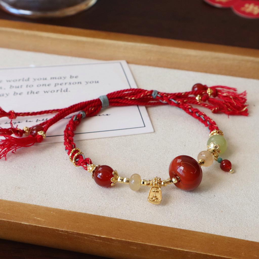 Handmade Original Refined Natural Nanhong Agate Hetian Jade Red Rope Bracelet Fashion Women Daily Jewelry Lucky Gift