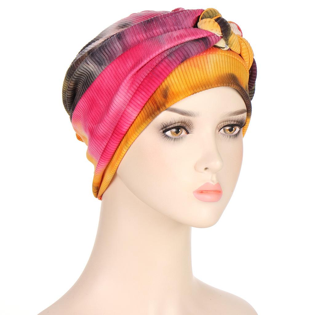 8 Colors New Fashion Braid Tie Dyed Multicolor Soft Muslim Hijab Turban Hat