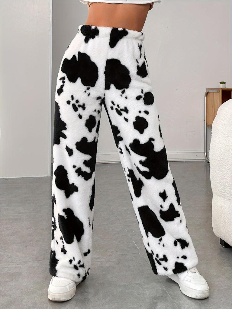2025 Shien High-Waist Cow Pattern Casual Fur Trousers - Comfortable Autumn/Winter Pants