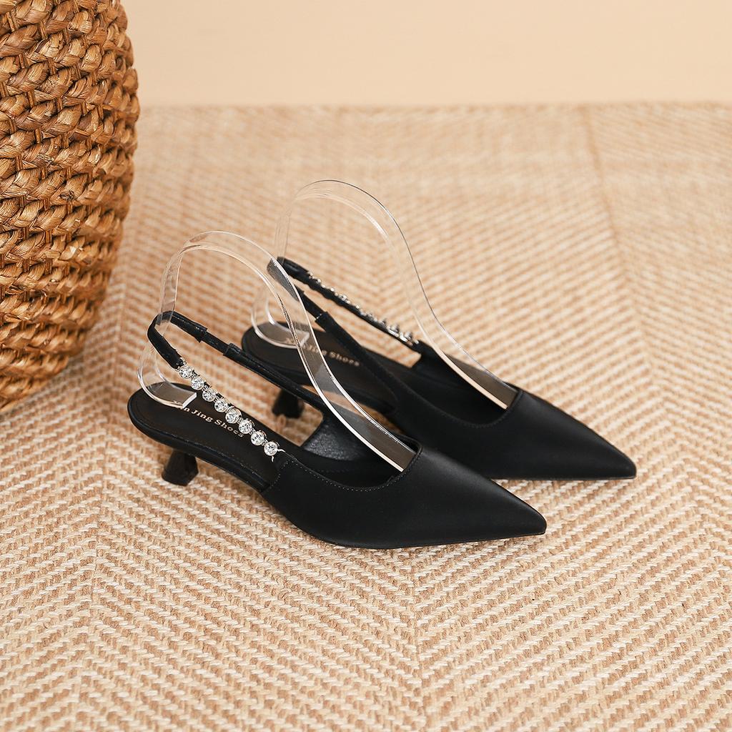 198-5 Элегантные туфли-лодочки на среднем каблуке с ремешком-цепочкой с острым носком, женственные, с открытой пяткой и неглубоким вырезом, на тонком каблуке, женская обувь