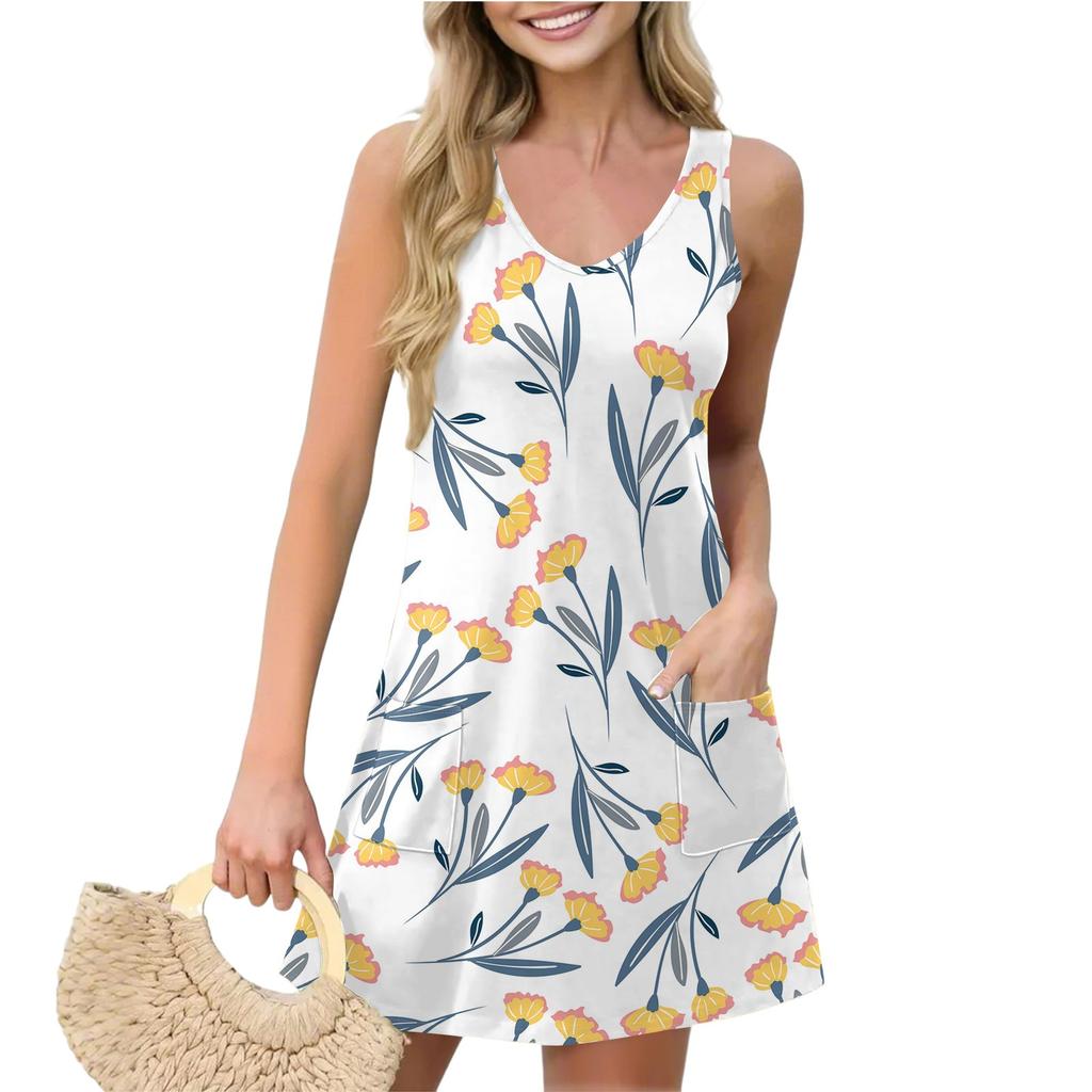 Женское повседневное летнее платье-жилет с карманами, цветочным принтом, V-образным вырезом, без рукавов