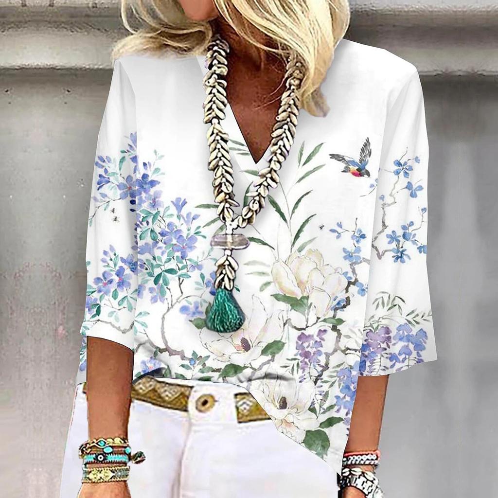 Женская рубашка, блузка, повседневные свободные рубашки, рукава 3/4, топы с v-образным вырезом и принтом, топы с принтом, футболки, футболки