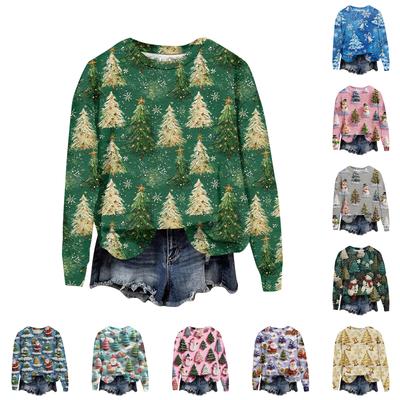Женская модная рождественская принтованная толстовка с длинным рукавом и круглым вырезом