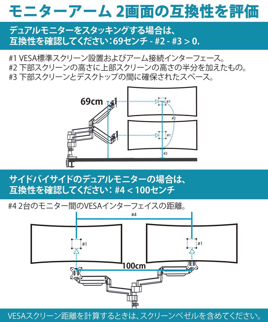 ULTRARM Additional Compatible with Load Capacity Pillar Gas High Compatible with VESA 75x75mm Monitor Dual Top and PC Arm, Large, 17-57 Inch, 20kg,