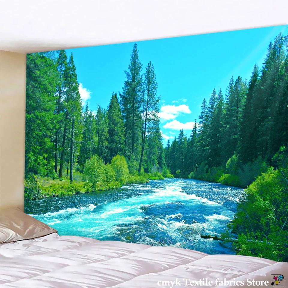 Настенный гобелен Forest River - Пейзаж природы HD-печать, Успокаивающая сцена с водопадом для декора спальни и гостиной