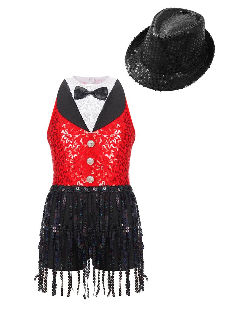 Детский танцевальный костюм для латинского танго, джаза, румбы, костюм из двух предметов для уличных танцев, черлидинга, комбинезон с блестками и шляпой, детский танцевальный конкурс