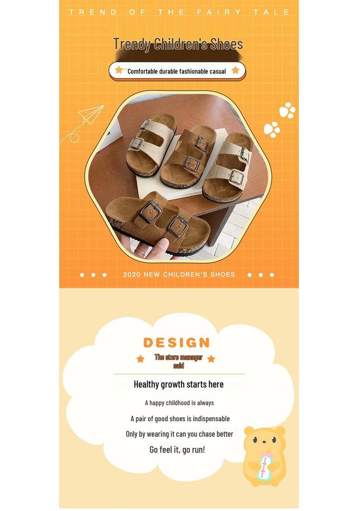 Children's Birkenstock Cork Fabric Retro Double Buckle Sandals - Thick Sole, Non-Slip, Summer Outdoor Shoes for Boys.