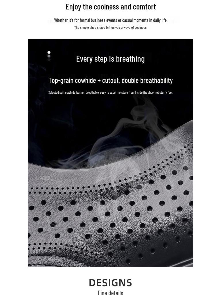 Men's Genuine Leather Breathable Formal Shoes – Top Layer Cowhide, Pointed Toe, Hollow Design, High-End Casual Style