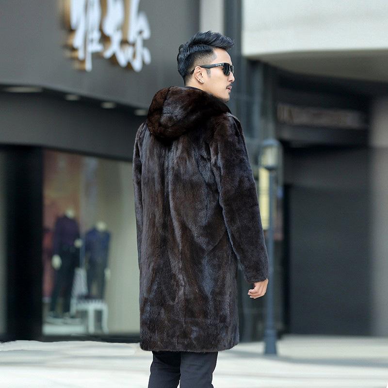 Men's Hooded Mink Fur Coat Mink Velvet Men's Whole Mink Long Leather Coat Mink Fur Fur Fur Coat Windbreaker
