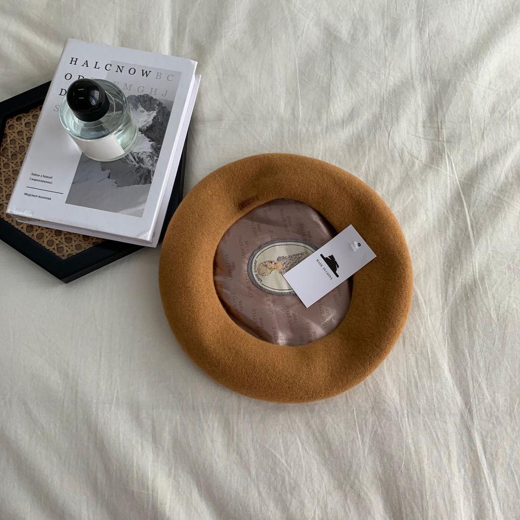 Autumn and Winter Classic Wool Beret Women's Leather Label British Retro Painter Hat Fashion