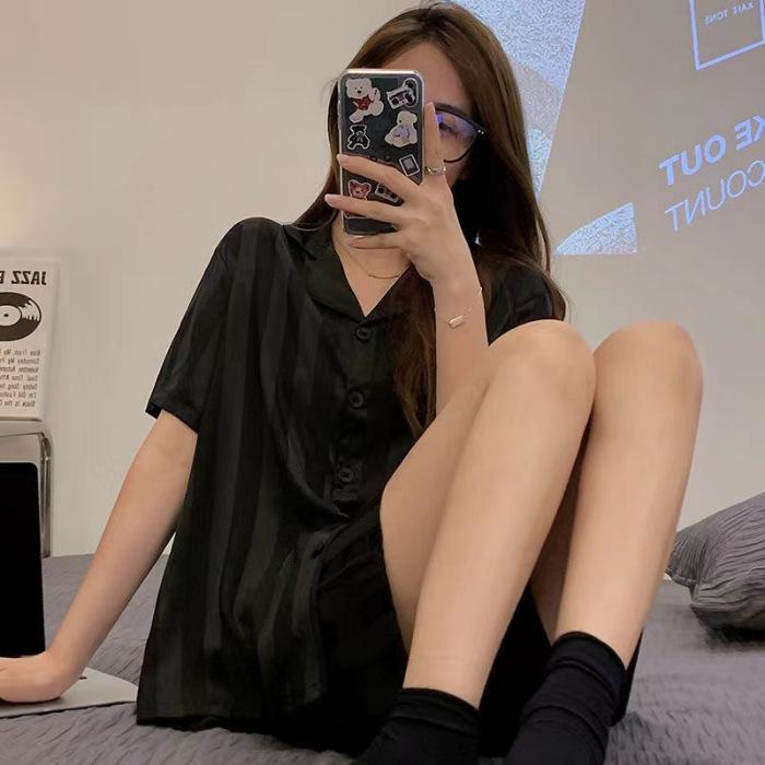 Summer Women's Ice Silk Ins Korean Vertical Stripes Simple Pajamas Homewear Set Girls Short-Sleeved Shorts Loose Suit