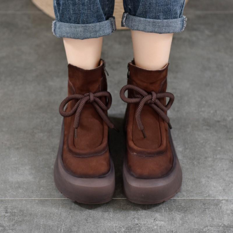 Johnature Ретро-ботинки из натуральной кожи с толстой подошвой, короткие, с круглым носком, женские, на плоской платформе