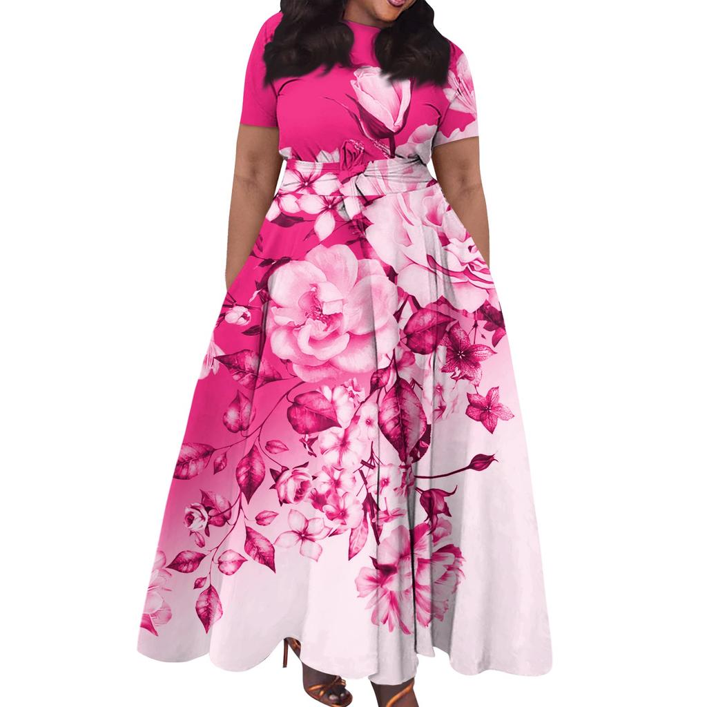 Женское повседневное модное свободное платье большого размера с принтом, круглым вырезом и короткими рукавами, карманными бретелями