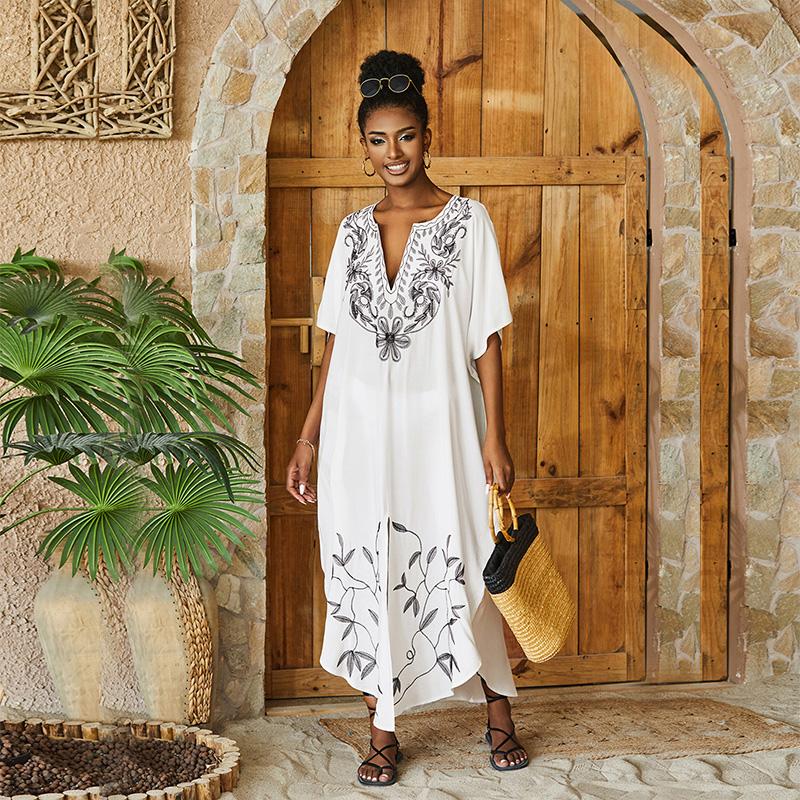 EDOLYNSA Sexy Kaftan Dress Women Plus Size Beach Wear 2023 Bohemian Tie Dye Striped Bikini Cover-ups Long Tunic Swim Suit Cover Up Q1517