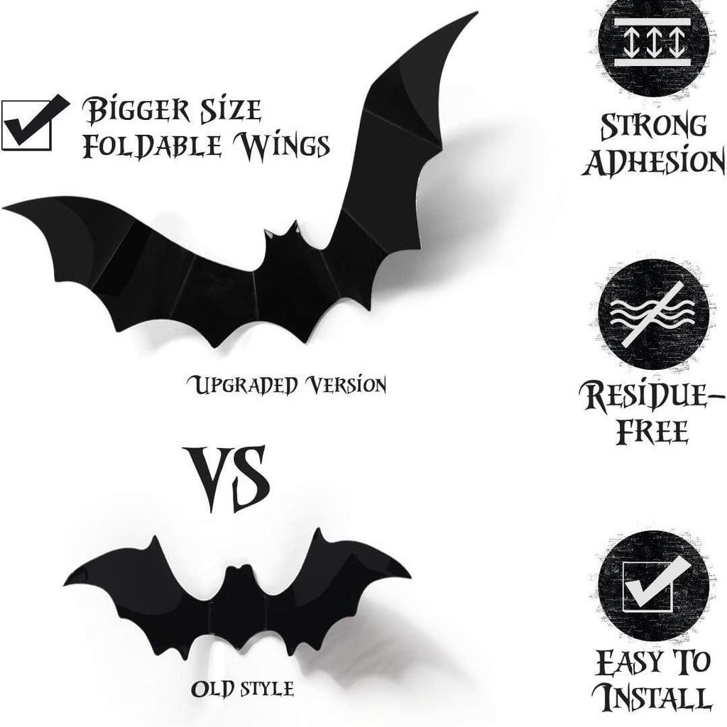 120Pcs 3D Bat Halloween Decoration Stickers for Home Decor 4 Size Waterproof Black Spooky Bats for Room Decals
