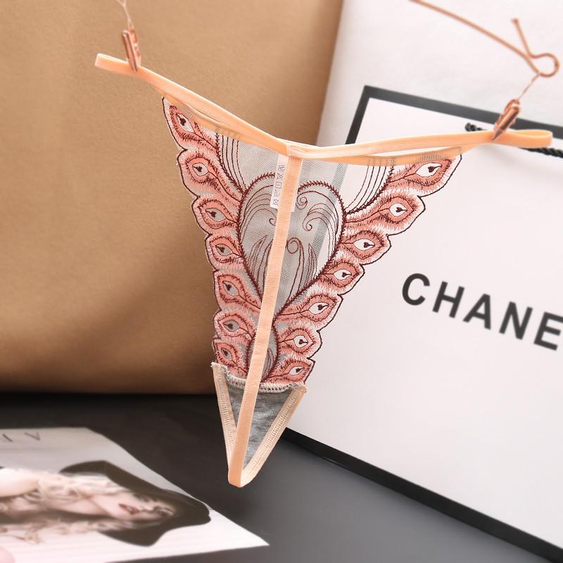 Japanese Sexy Transparent Low Waist Seamless Lace Thong with Feather Embroidery