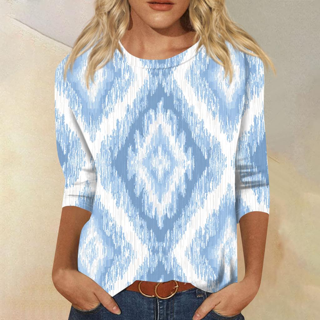 Women's Fashion Casual Round Neck Three-quarter Sleeve Gradient Print T-shirt Top