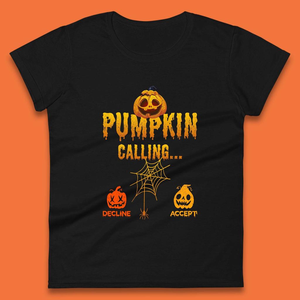 Halloween Pumpkin Calling Accept Decline Funny Jack O Lantern Horror Scary Phone Call Womens Tee T Shirt Mens Tops Unisex Top