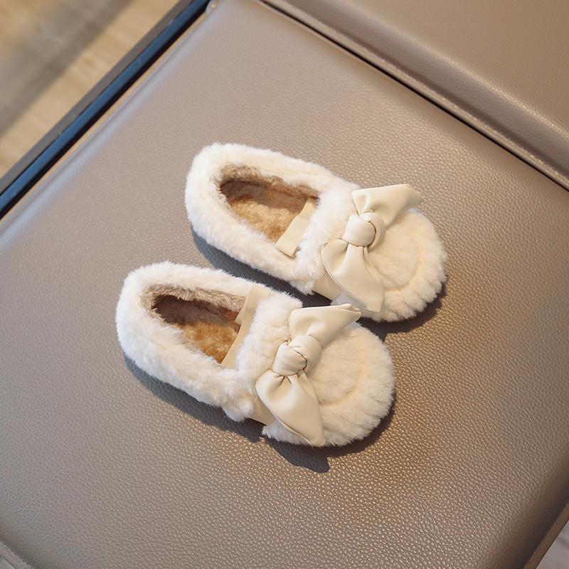 Модные детские туфли для девочек, детские, зимние, плюшевые, меховые, с бантом, теплые, хлопковые, дизайнерские, милые, для малышей, принцессы, повседневные, туфли на плоской подошве