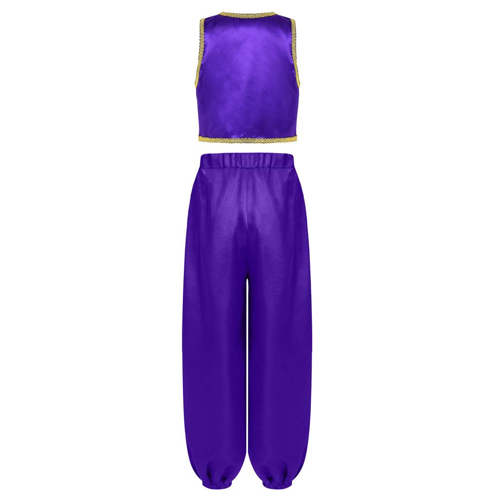 Boys Arabian Prince Costume Open Front Vest and Satin Bloomers Pants Set Halloween Theme Party Outfit