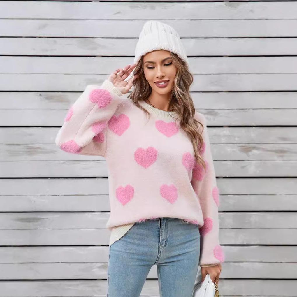 Зимний женский свитер Love Valentine's Day Pullover Large Peach Heart Color Clash Sweater