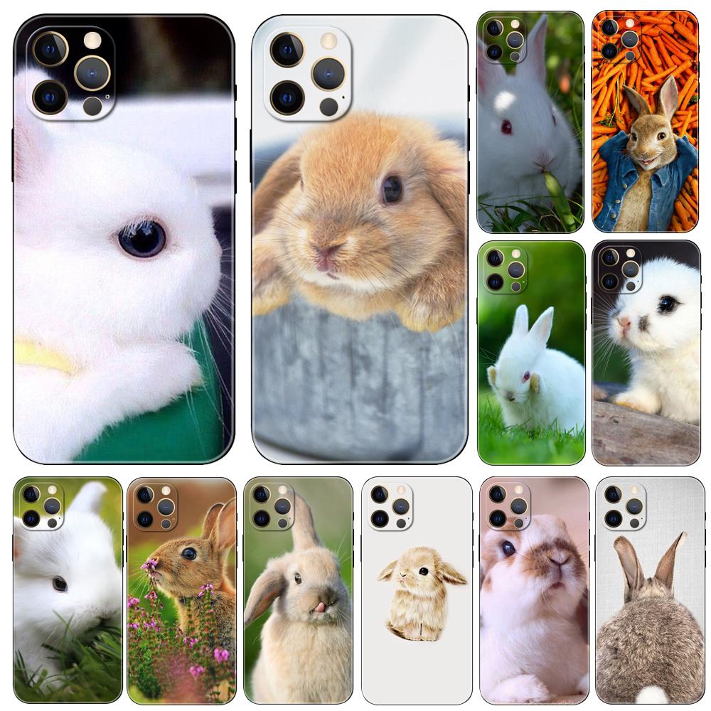 Чехол для телефона с милым белым кроликом для iPhone 5 5S 2020se 6 6s 7 8 plus x 10 XR XS 11 12 13 mini pro MAX, черная задняя крышка из ТПУ
