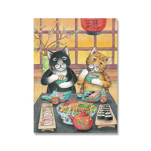 Самурайский кот Ламианская лапша Суши Принт плаката Забавный японский плакат Кошачий ресторан