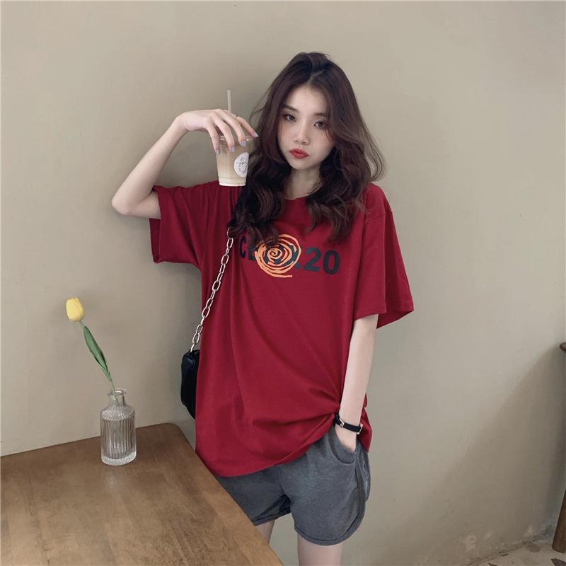 New Summer Korean Version of Loose Round Neck Letter Print Mid-length Casual Versatile Short-sleeved T-shirt Women's Top