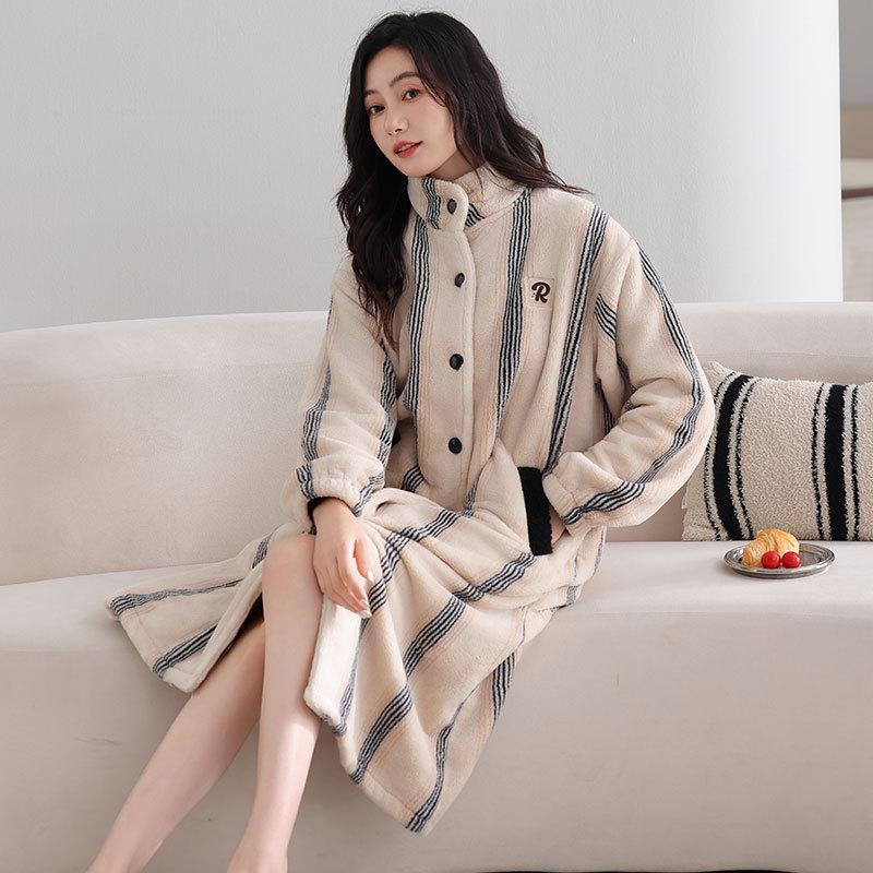 Женская ночная сорочка из кораллового флиса, осенне-зимняя пижама, флисовый утолщенный теплый кардиган из кораллового флиса, халат с капюшоном