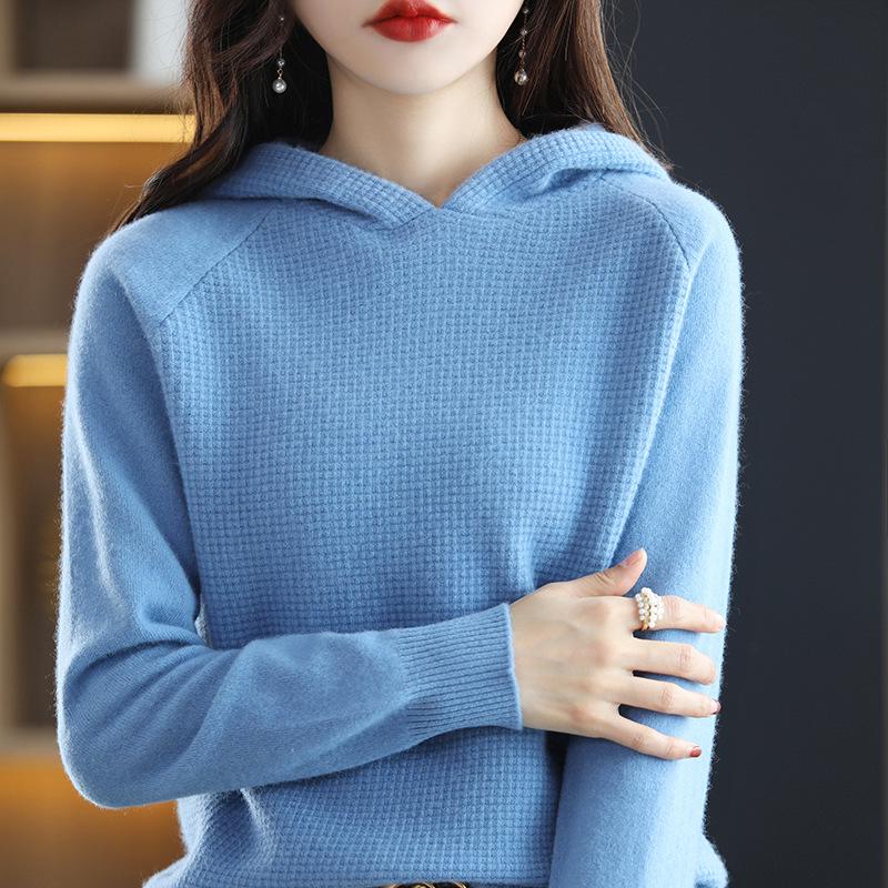 2023 Autumn/Winter Women's Pure Wool Hoodie Sweater - Cashmere Knit Pullover, Solid Color