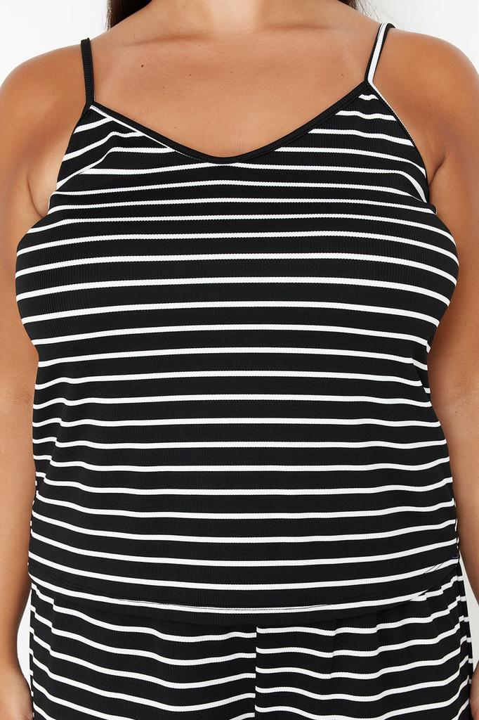 Женский стильный пижамный комплект больших размеров, черный полосатый вязаный пижамный комплект с тонким ремешком