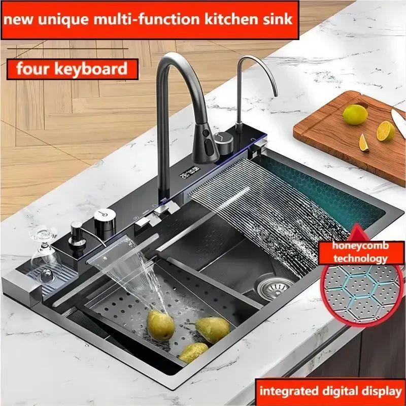 Кухонная мойка Cocina с водопадом, сотовая технология, большой цифровой дисплей, дозатор мыла из нержавеющей стали, шайба для чашек