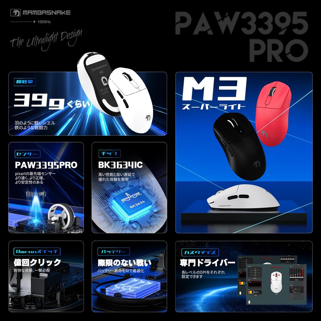 MAMBASNAKE M3 Gaming Mouse, Ultra-Lightweight Wireless Mouse with 2.4G WirelessBluetoothWired Type-C, Original PAW3395PRO Sensor, Class-A Accuracy,